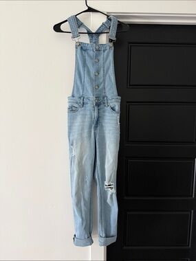 Light Wash Denim Overalls with Distressed Knees